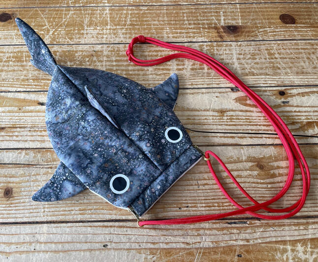 Handmade bag shaped like a whale shark, with an adjustable paracord strap