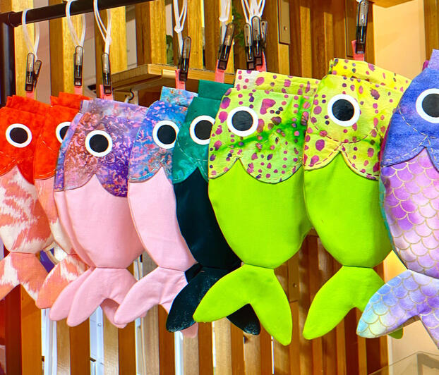 A collection of fish bags in production A collection of fish bags in production